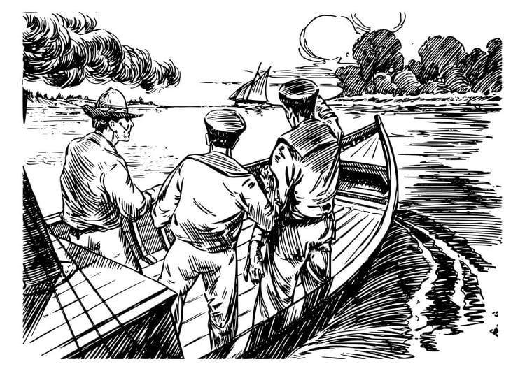 Coloriage 3 hommes en bateau