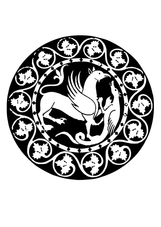 Coloriage mandala avec griffon et dragon