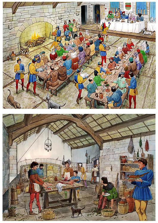 chÃ¢teau: salle des banquets et cuisine du Moyen-Age
