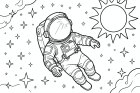 coloriage astronaute dans l'espace avec les étoiles et le soleil