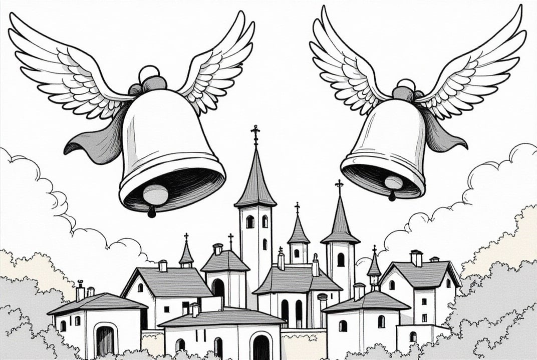 Coloriage cloches de PÃ¢ques au-dessus du village
