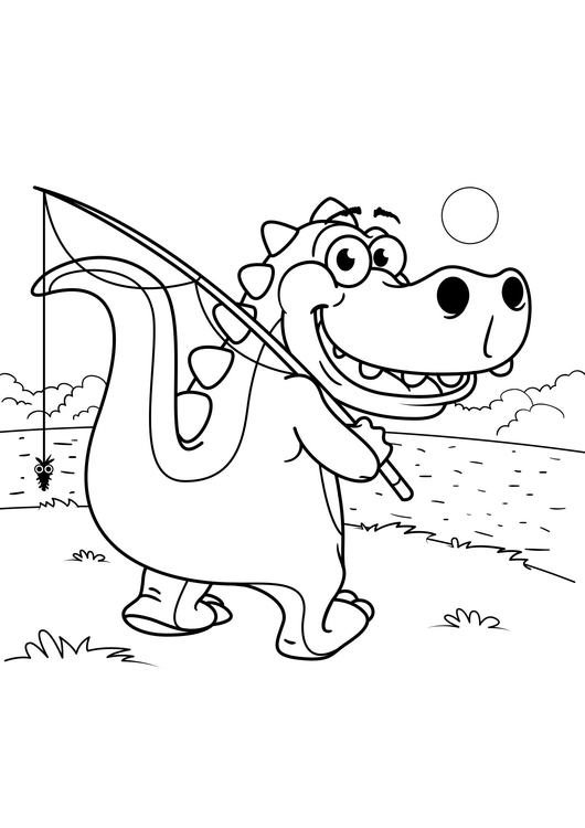 Coloriage Dinosaure va Ã  la pÃªche