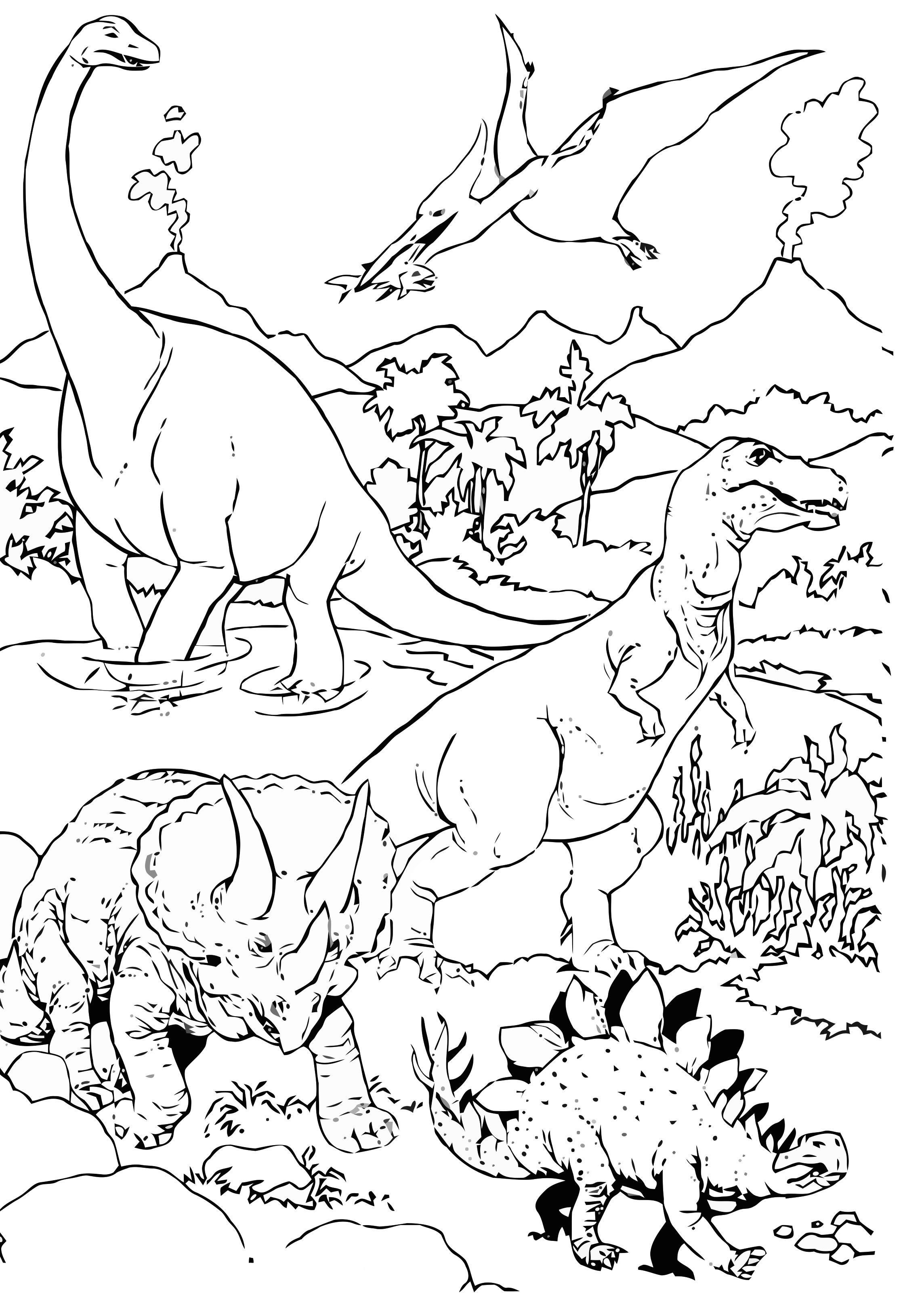Coloriage Dinosaures en paysage