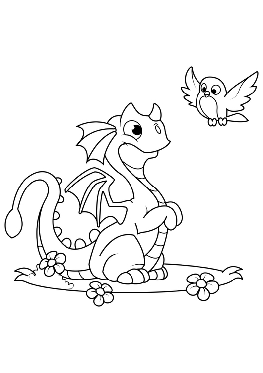 Coloriage dragon avec oiseau