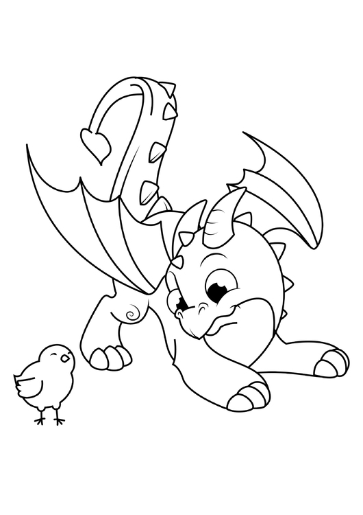 Coloriage dragon joue avec poussin