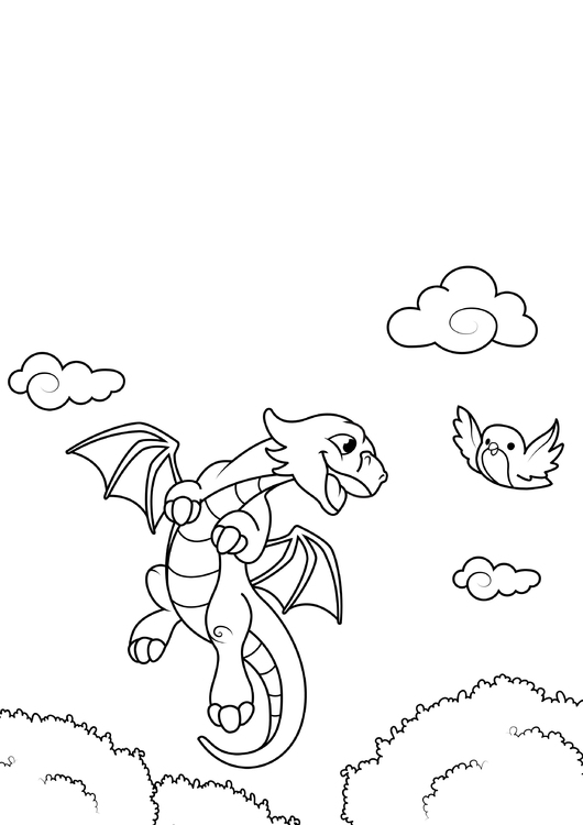 Coloriage dragon vole avec oiseau