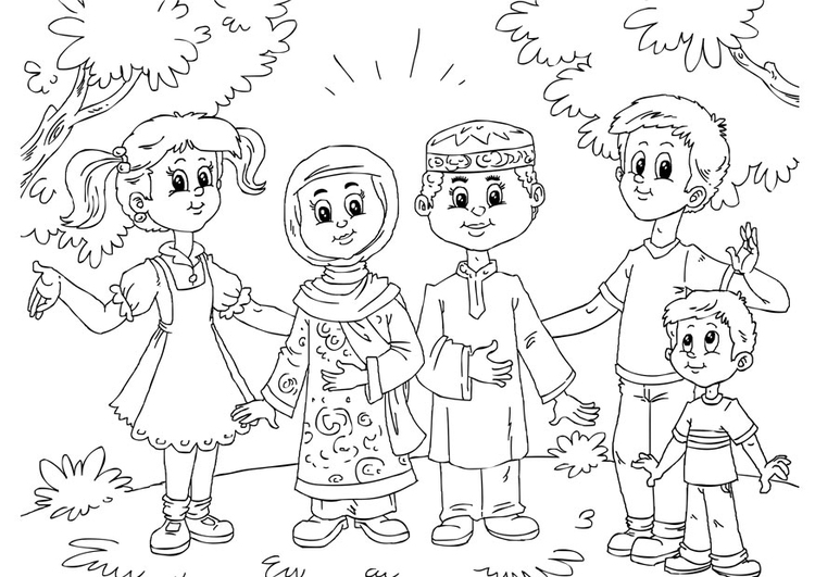 Coloriage enfants musulman avec enfants occidentales