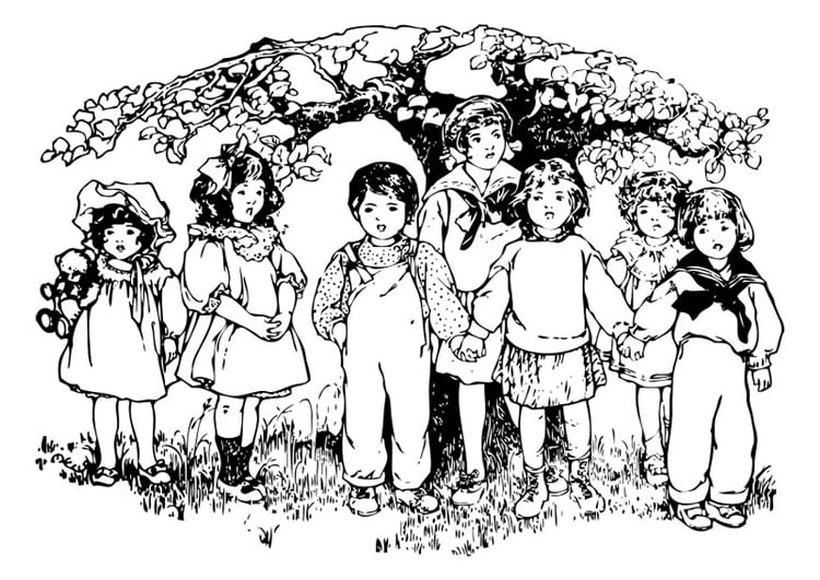 Coloriage enfants sous l'arbre