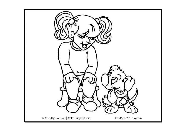 Coloriage fille avec son chien