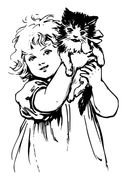 Coloriage fille avec un chat