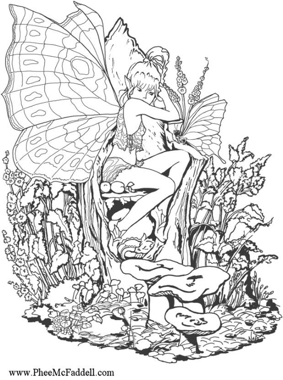 Coloriage fille elfe dans le bois