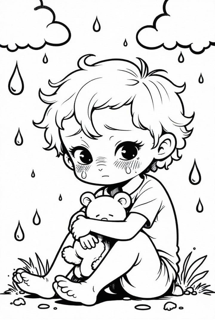 Coloriage garÃ§on triste avec un ours