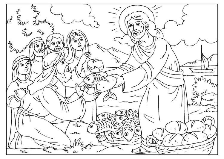 Coloriage JÃ©sus partage le pain et le poisson