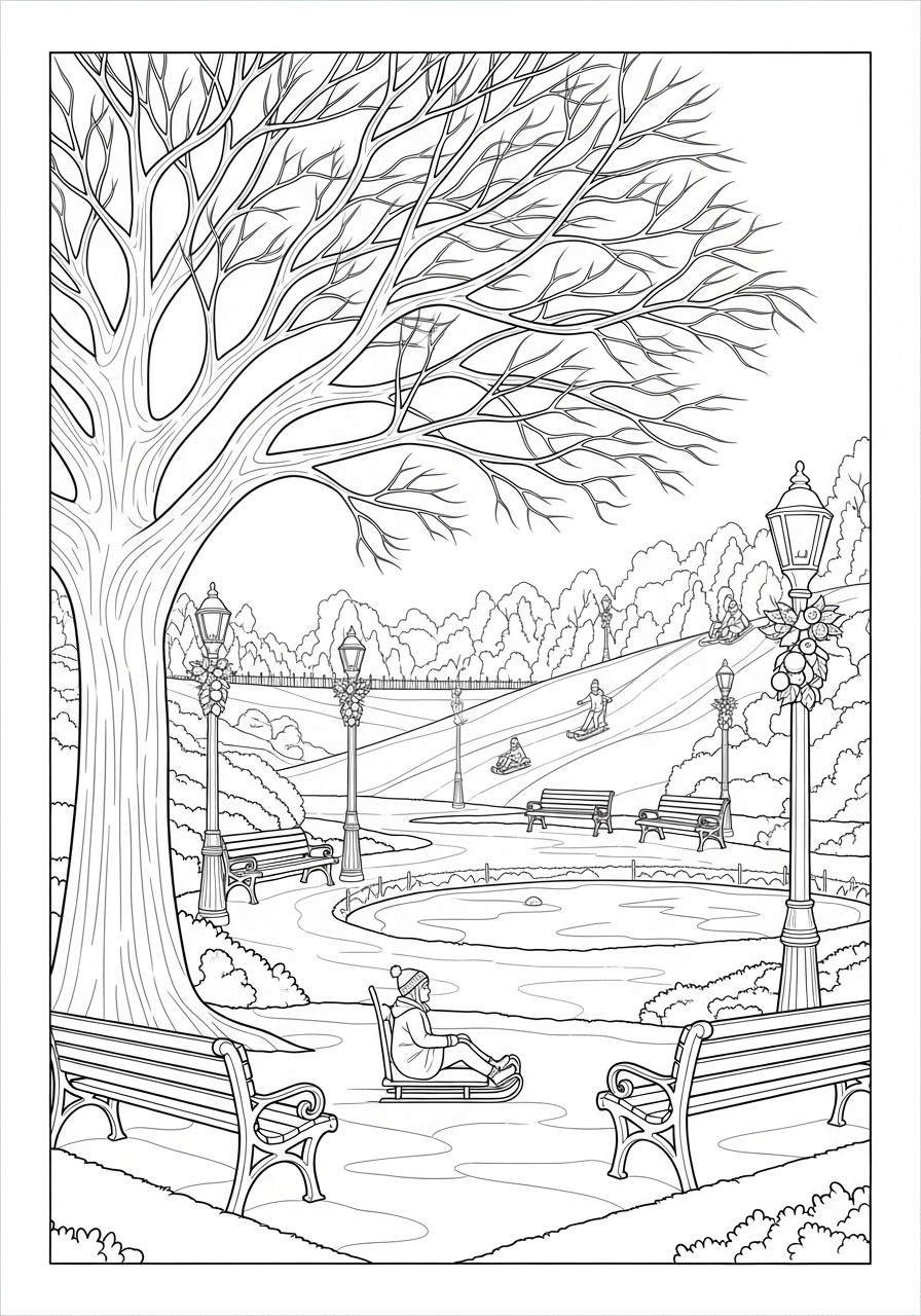 coloriage-d-hiver-au-parc-avec-un-grand-arbre