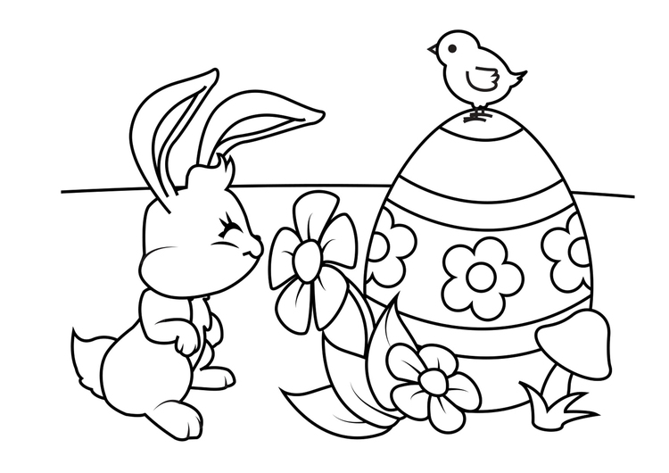 Coloriage Lapin de PÃ¢ques avec oeuf de PÃ¢ques et poussin