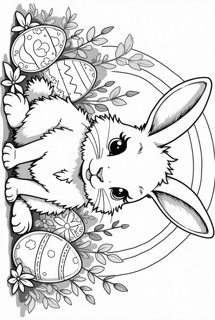Lapin de PÃ¢ques avec des Åufs de PÃ¢ques dans le jardin