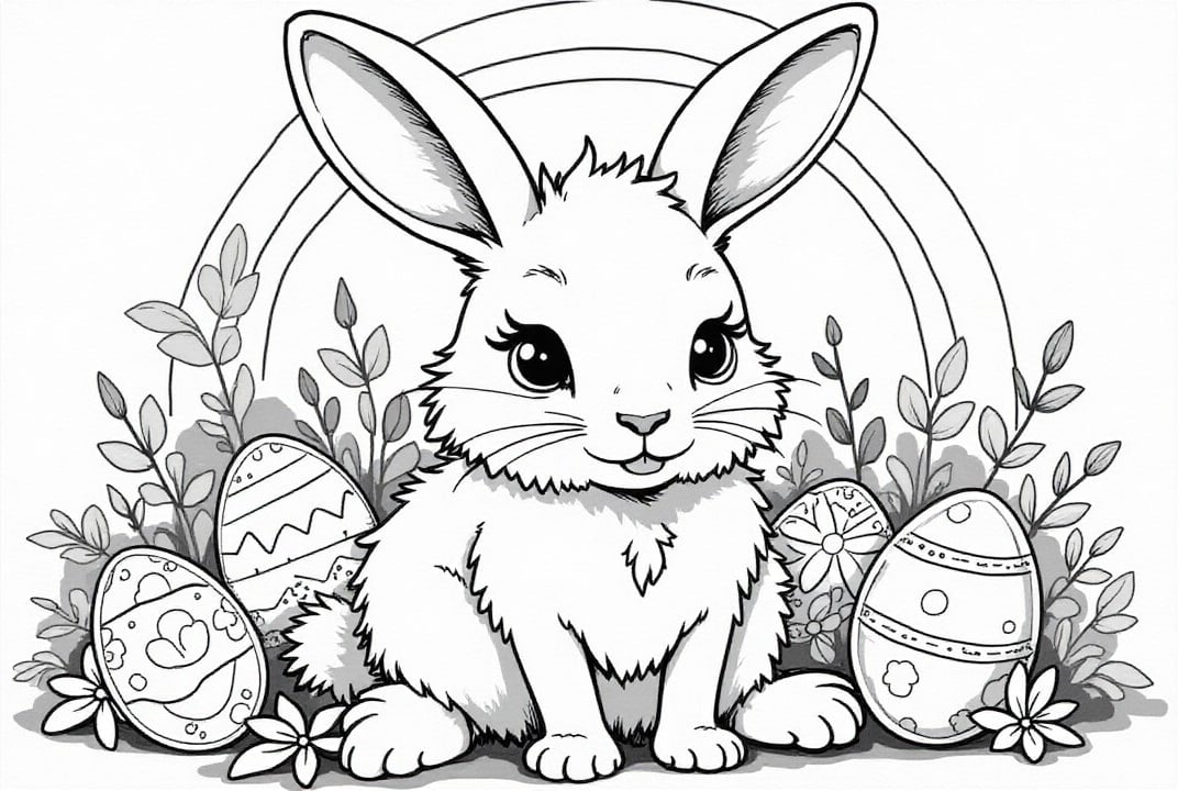Coloriage Lapin de PÃ¢ques avec des Åufs de PÃ¢ques dans le jardin