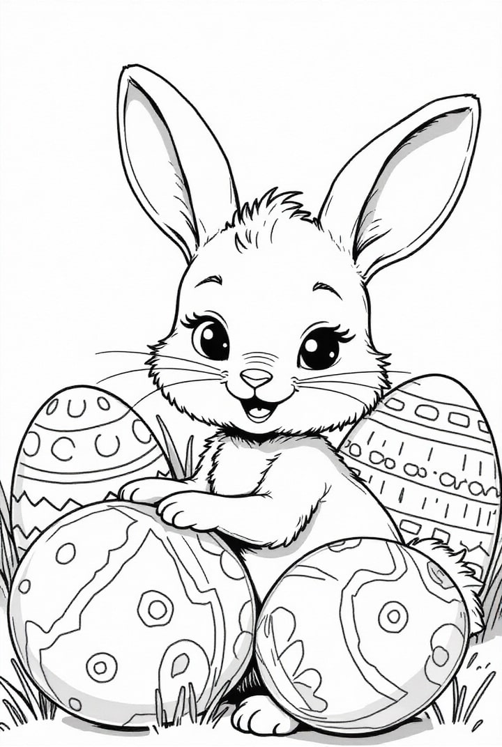 Coloriage Lapin de PÃ¢ques avec des oeufs de PÃ¢ques