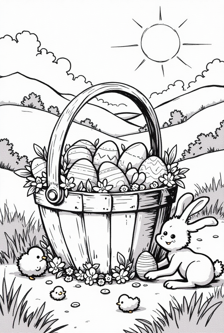 Coloriage Lapin de PÃ¢ques avec panier de PÃ¢ques