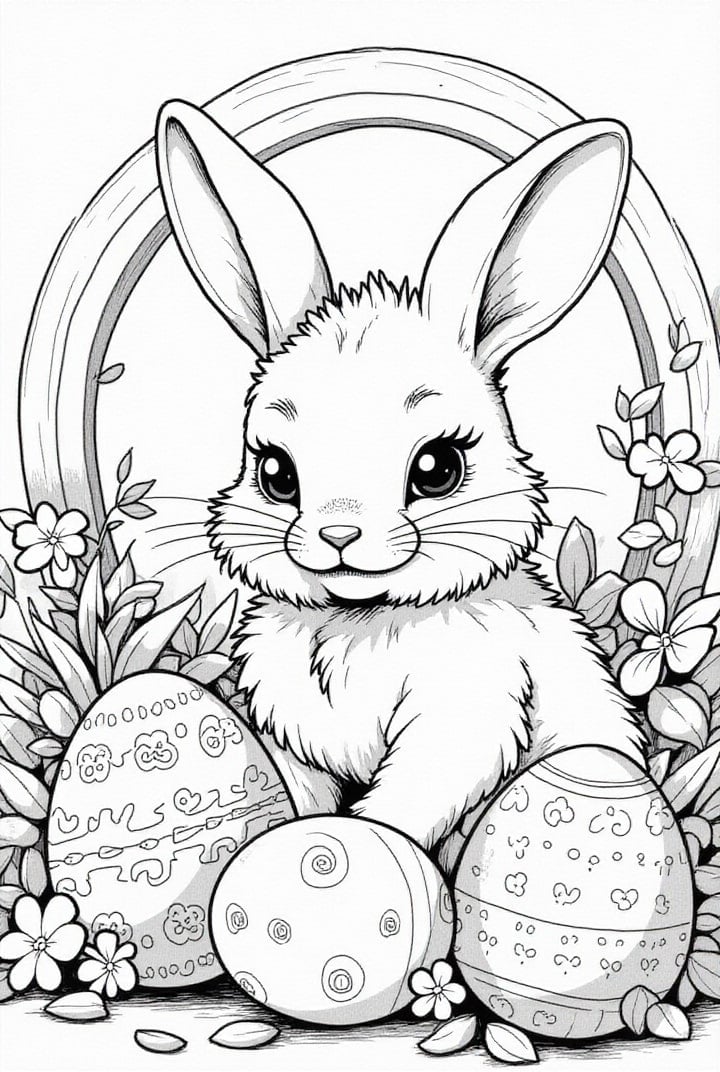Coloriage Lapin de PÃ¢ques dans le jardin avec des Åufs de PÃ¢ques