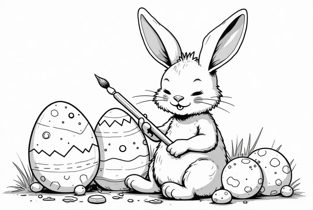 Le lapin de Pâques peint des œufs