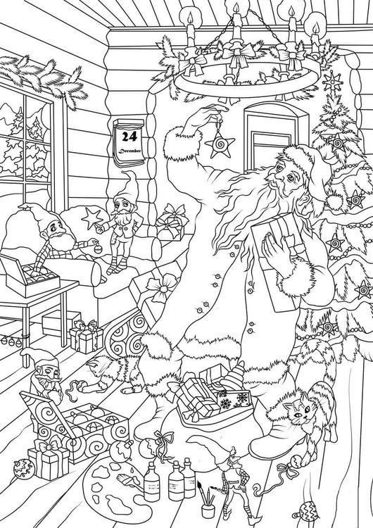 Coloriage Le PÃ¨re NoÃ«l et les lutins choisissent des forfaits