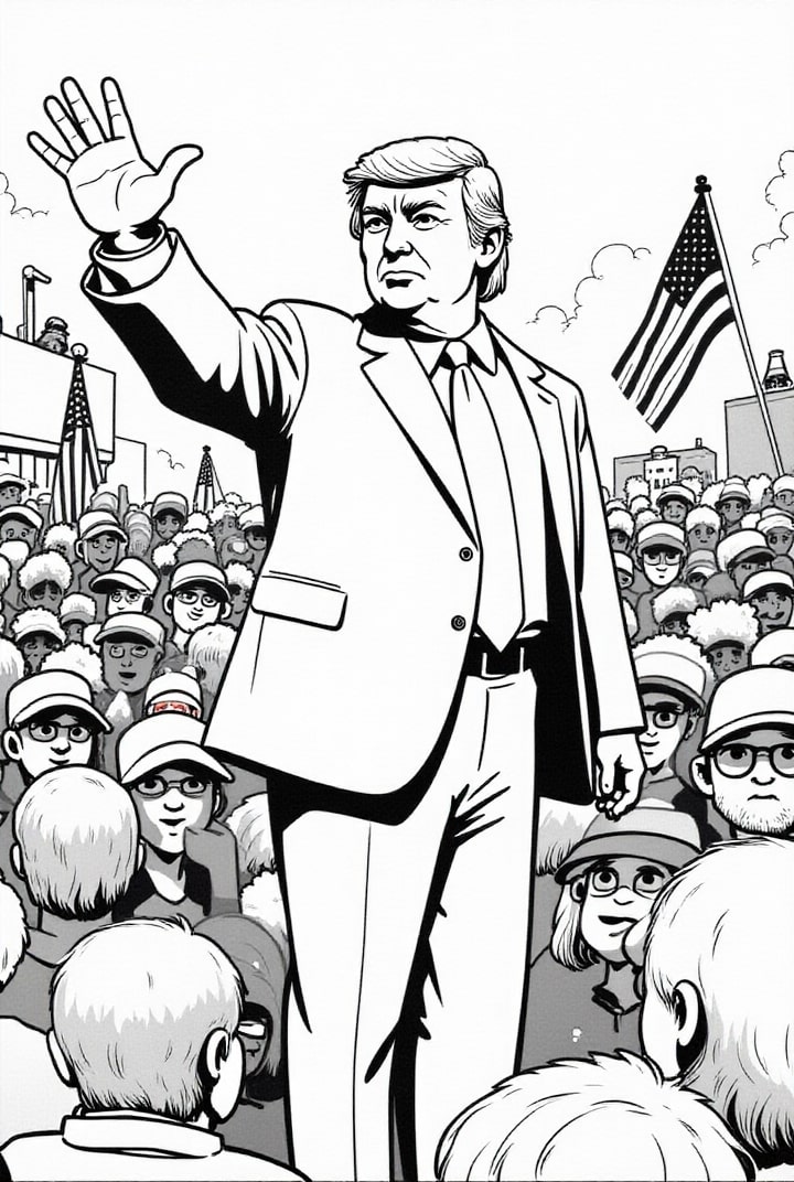 Coloriage Le prÃ©sident Donald Trump avec ses partisans