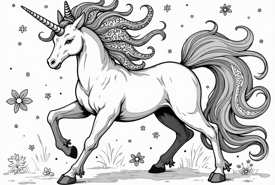 Coloriage licorne magique dans le prÃ©