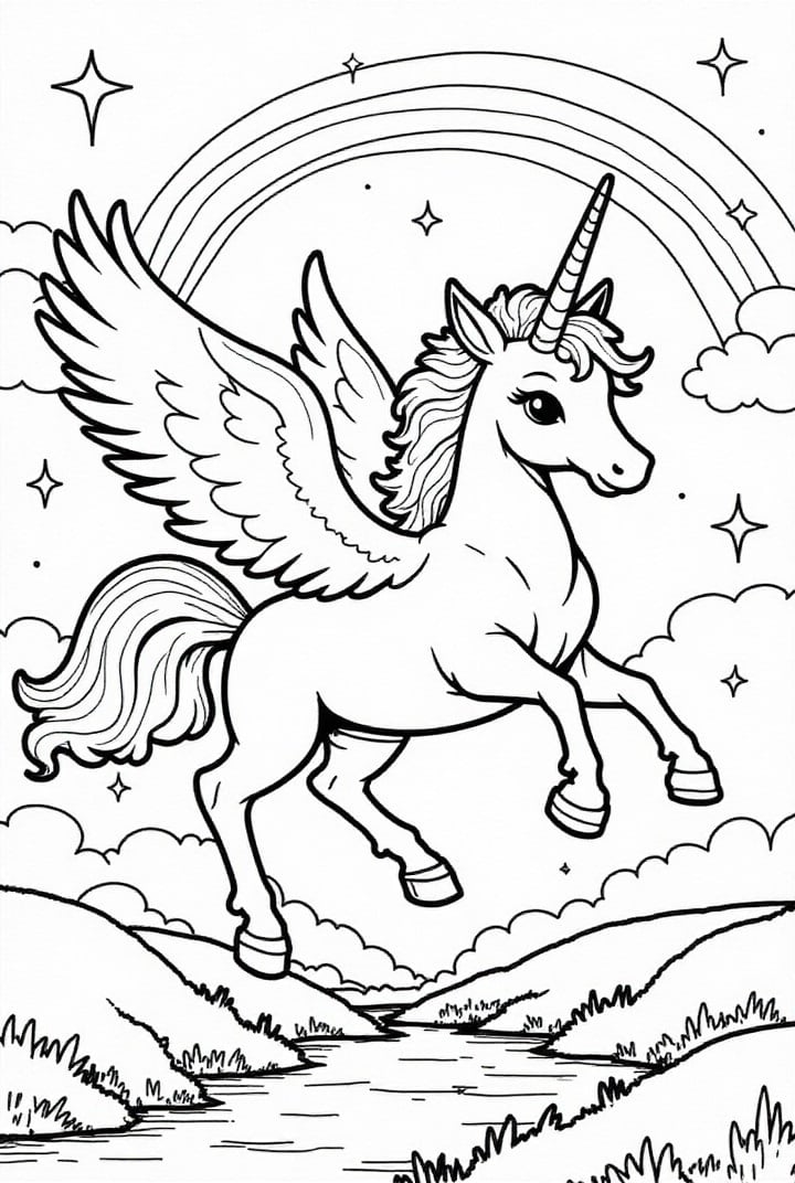 licorne volant dans le ciel avec un arc-en-ciel