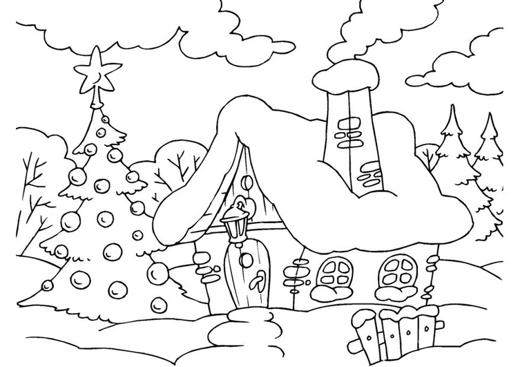 Coloriage maison plongÃ©e dans l'ambiance de NoÃ«l 