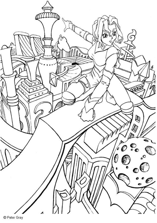 Coloriage manga - ville du futur