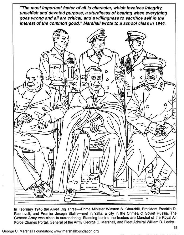 Coloriage Marshall, Churchill, Roosevelt, Staline, Portal