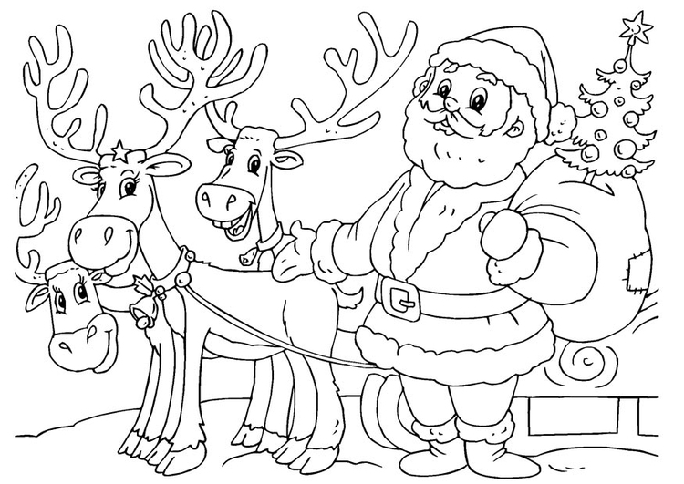 Coloriage Père Noël avec rennes - Coloriages Gratuits à Imprimer