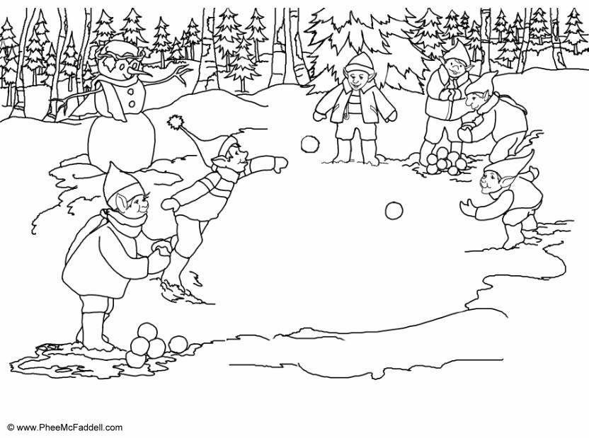 Coloriage petits elfes - lancer de boules de neige