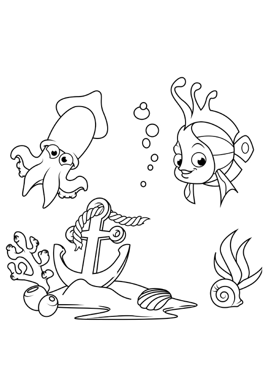 Coloriage poisson et calmar