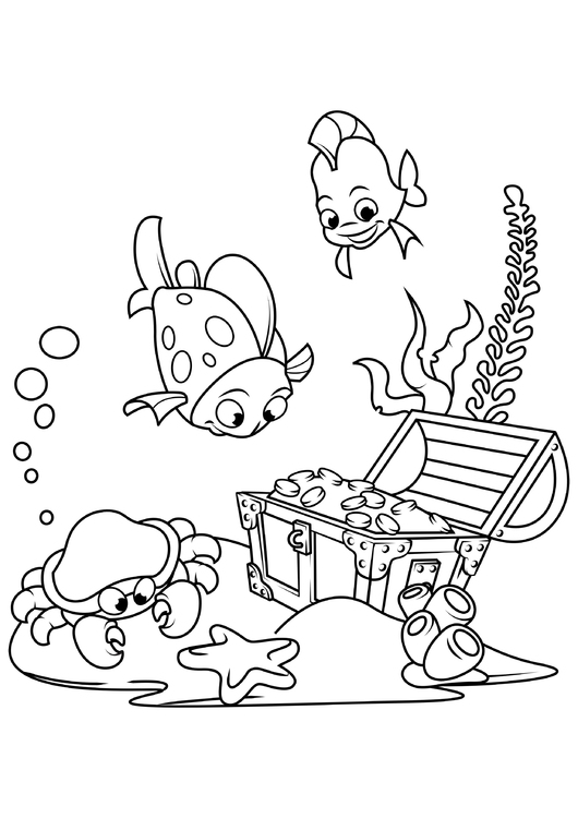 Coloriage poisson et crabe trouvent un trÃ©sor