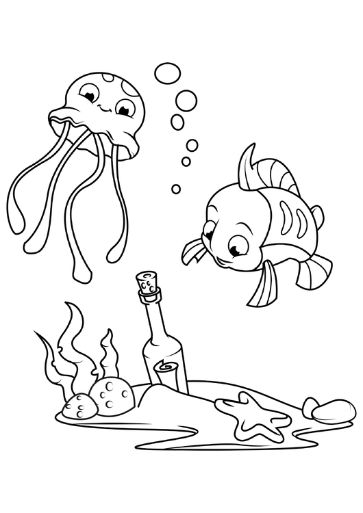 Coloriage poulpe et poisson avec bouteille
