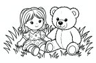 poupée et ours dans l'herbe
