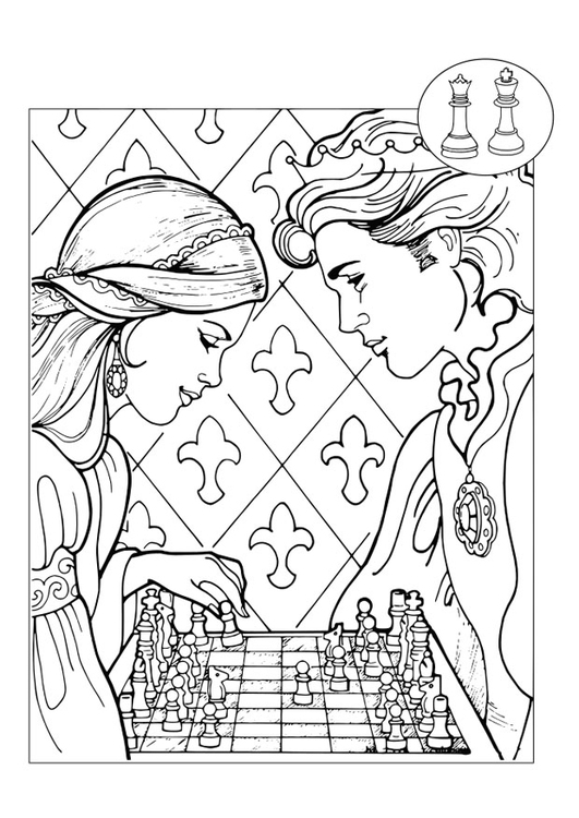 Coloriage prince et princesse jouant aux Ã©checs