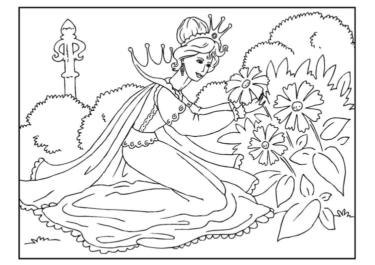 Coloriage Princesse cueille des fleurs