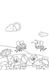 Coloriage printemps, abeilles dans le jardin