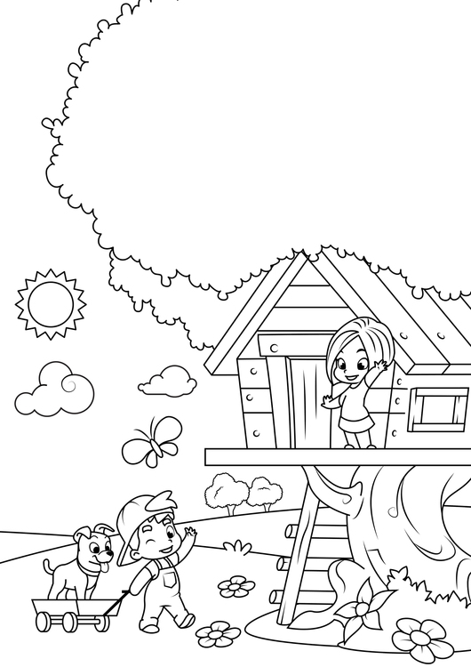 Coloriage printemps - jouer dans la cabane dans les arbres