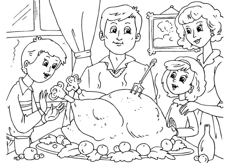 Coloriage repas de Thanksgiving en famille