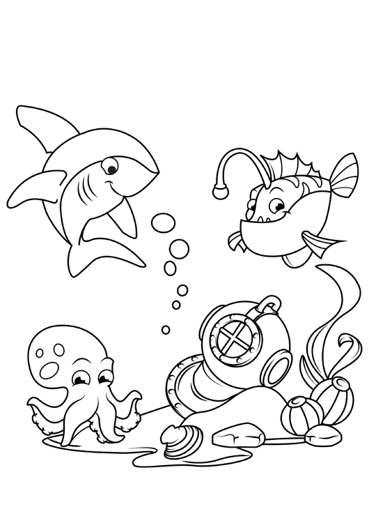 Coloriage requin avec lotte et calmar dans la mer