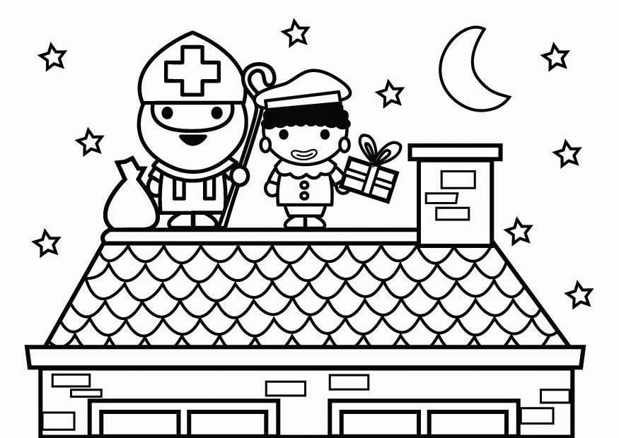 Coloriage SaintNicolas et Père Fouettard sur le toit  Coloriages