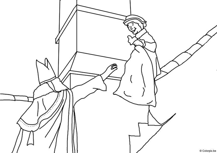 Coloriage Saint Nicolas et père fouettard sur le toit  Coloriages