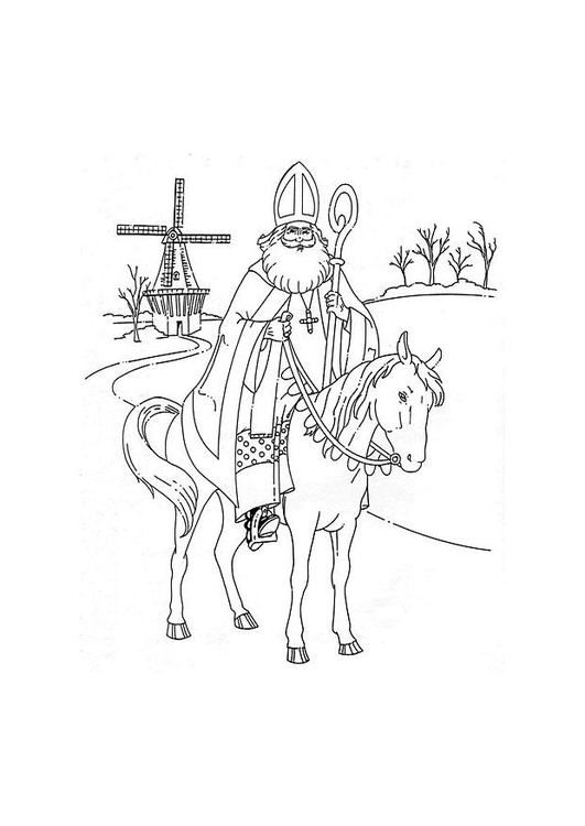 Coloriage Saint Nicolas sur son cheval