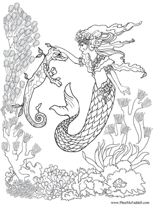 Coloriage sirène avec un hippocampe - Coloriages Gratuits à Imprimer