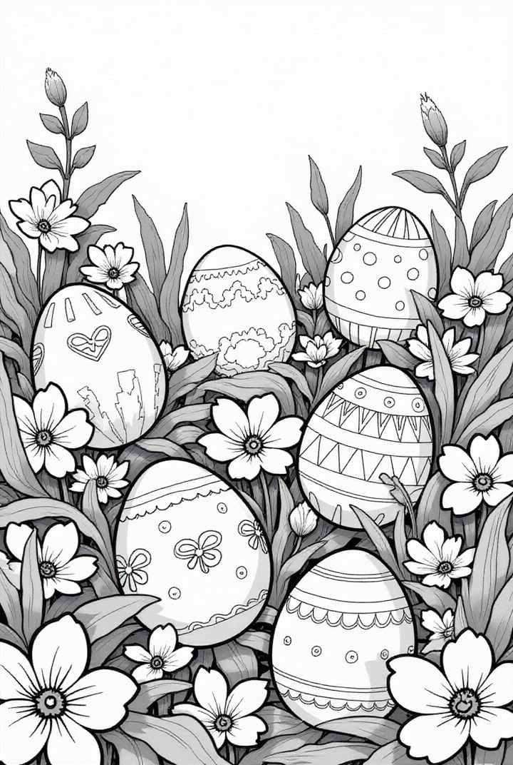 Coloriage six oeufs de PÃ¢ques dans le jardin