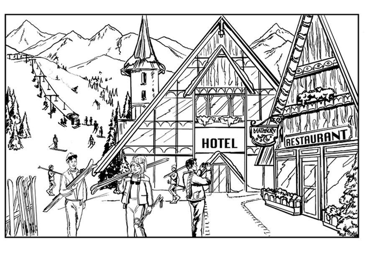 Coloriage skier - chalet